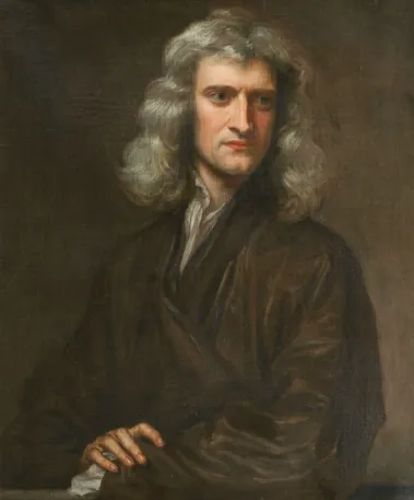 Oil portrait of Isaac Newton with long grey hair, wearing a dark brown robe