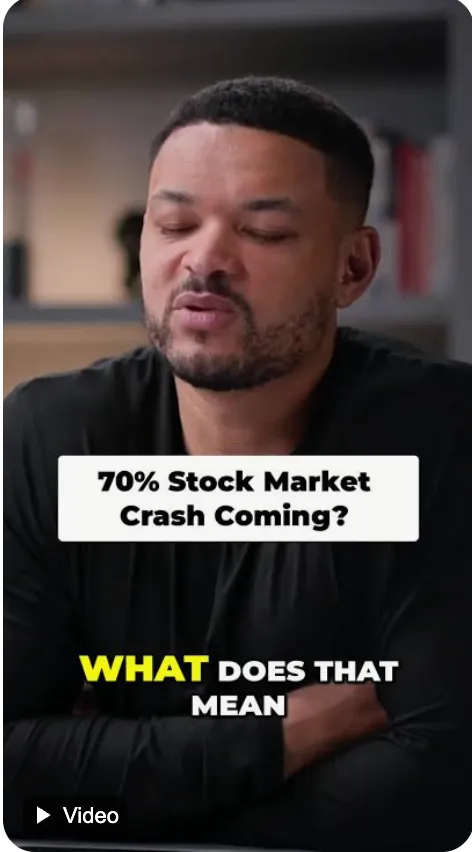 Social media video thumbnail of a man with his arms crossed, captioned “70% Stock Market Crash Coming? What does that mean”