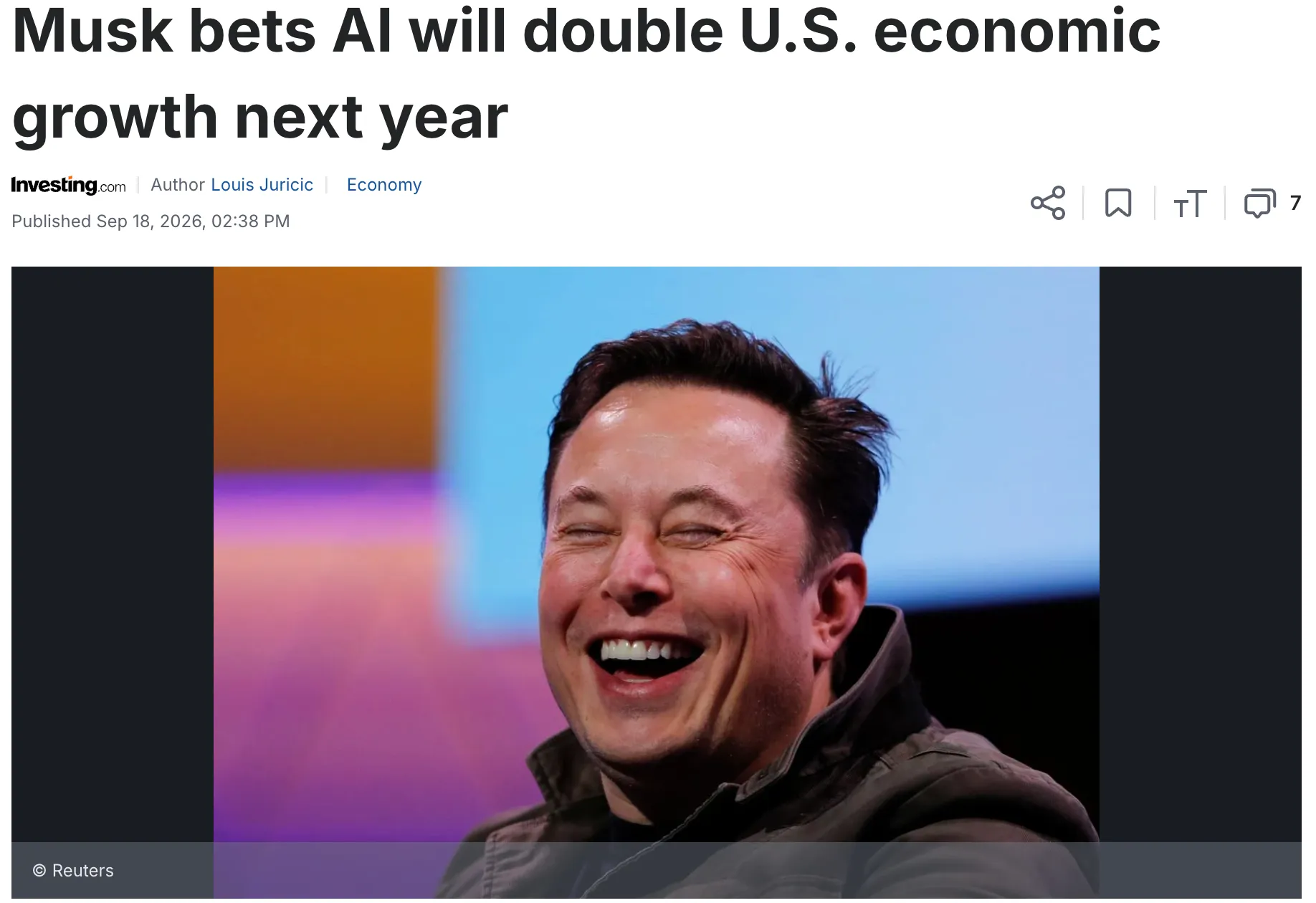 Investing.com headline “Musk bets AI will double U.S. economic growth next year”, published 18 September 2026, above a photo of Elon Musk laughing